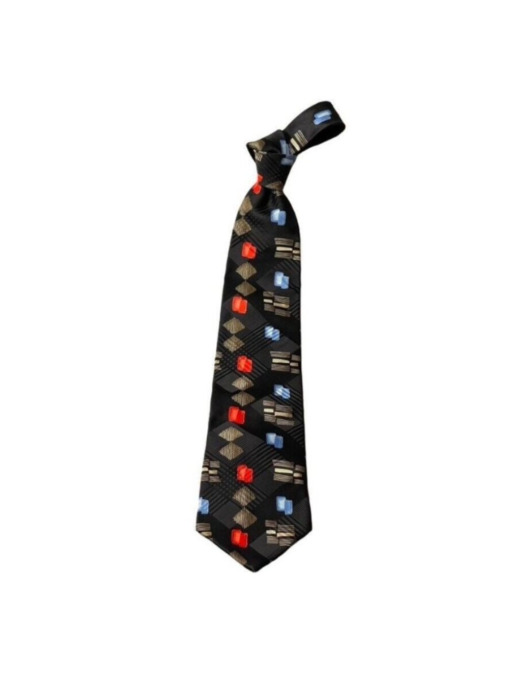 Hugo Boss Mens Silk Tie Geometric Pattern Black Red & Blue Made In Italy